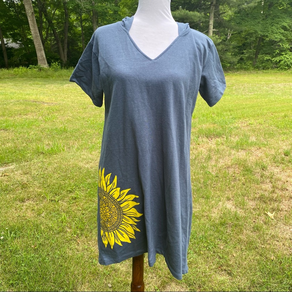 INSTANT MESSAGE DRESS HOODED SHIFT BLUE YELLOW FLOWER SHORT SLEEVE SIZE M